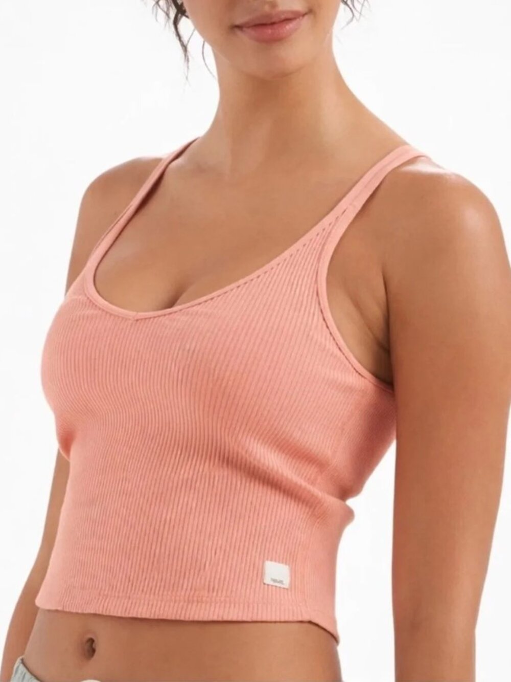 Vuori Rib Crop Tank Top XS Light Cinnamon Pink Criss Cross Back Built in Bra $64